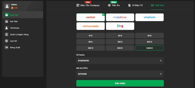  gửi tiền nhà cái qua thẻ cào Viettel