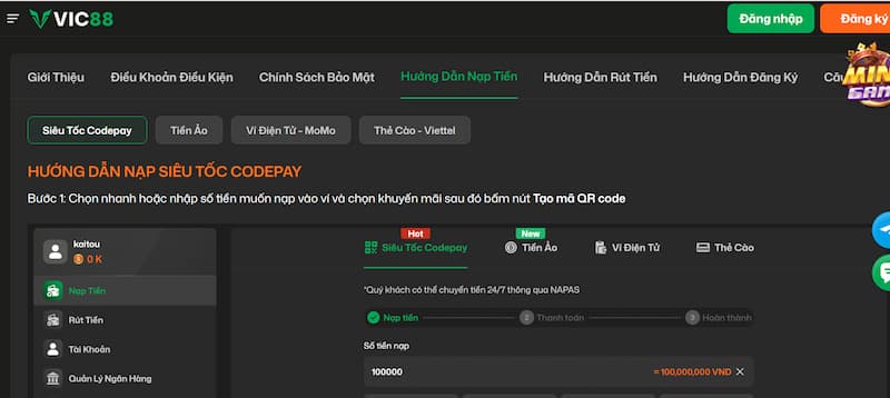 Nạp rút tiền tại Vic88 